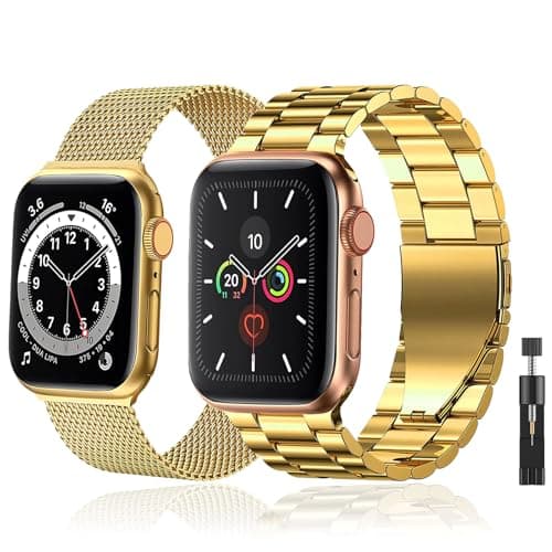 baklon 2 Piezas Compatible Con Correa Apple Watch 42mm(Series 1 2 3)/44mm/45mm/49mm/46mm, Inoxidable Bracelet de Compatible Con iWatch Series SE/SE2/Ultra2/Ultra/10 9 8 7 6 5 4 3 2 1,oro