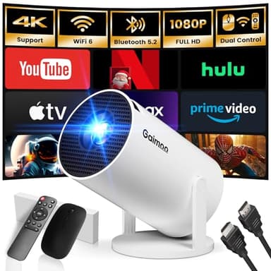 [App integrada] Proyector 1080P FHD 4K Supote 2025 Upgraded Proyector Portátil Dual Control con Ratón Android TV WiFi 6 BT5.2 180° Rotation HDMI/TV Stick/USB/PS5/Laptop, con Cable HDMI y Ratón, Blanco