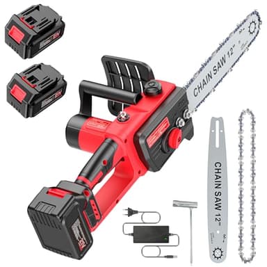 Brushless Motosierra Bateria 12 Pulgadas, 6000mAh Mini Motosierra Eléctrica, Motosierra de Mano, Motosierra Inalámbrica Portátil para Podar Árboles de Jardinería, 2 * 3000mAh Baterías