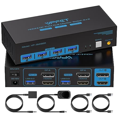 8K60Hz HDMI+Displayport Switch KVM 2 Monitores Conmutador KVM USB3.0 para Dos Computer que Comparten Dual Monitor y 4 Ports USB con Controlador de Extensión Externa 2 Cables USB