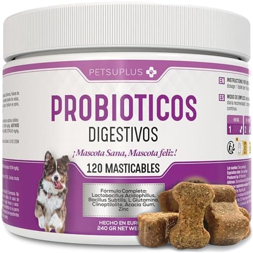 PETSUPLUS Probioticos Perros - Suplemento Digestivo - Repara la Flora Intestinal, Protege el Sistema Inmunológico y previene Enfermedades - Combate Diarrea, Gases y Vómitos - 120 masticables