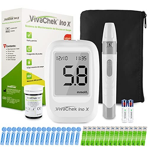 Medidor de glucosa en sangre, kit medidor azucar en sangre con tiras de prueba de glucosa en sangre x 25, recordatorios de prueba y 900 memorias por VivaChek Ino X glucometro en mg/dL