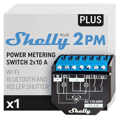 Shelly Plus 2PM - Interruptor Inteligente WiFi & Bluetooth, para Cortinas y Persianas, 2 Canales - 16A, Medición de Energía y Temporizador, Control Remoto por Teléfono, Compatible Alexa y Google Home