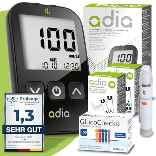 adia Medidor de Glucosa en Sangre (mg/dl) + 110 tiras reactivas + 110 lancetas: Maxi paquete de ahorro para el autocontrol de la glucosa en sangre en la diabetes