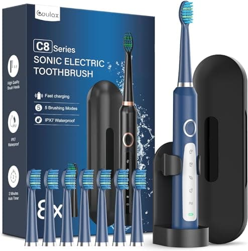 Cepillos de Dientes Electricos Sónico con 8 Cabezal - Cepillo Electrico Adultos con Estuche, 5 Modos y IPX7, Cepillos de Dientes Eléctricos Ultrasónicos para Mujer Hombres, Azul Marino