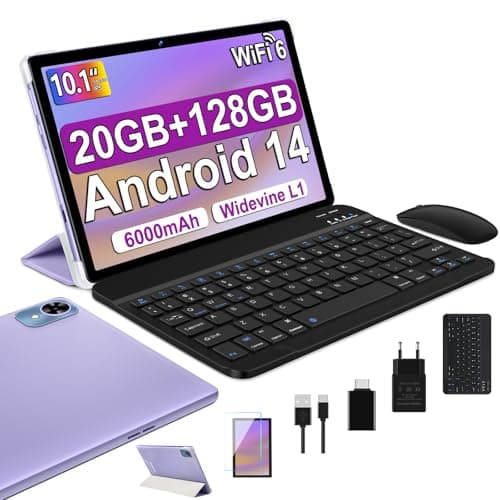 fezawio Tablet 10 Pulgadas Android 14 Tablet, 20GB RAM + 128GB ROM (TF 1TB), Octa-Core, Tablet con Teclado y Raton + Seguro de ruptura de Pantalla de un año - (Morado)