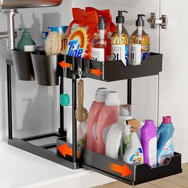 Organizador Bajo Fregadero Deslizable 2 Niveles, Estante Cocina de Gran Capacidad con 2 Cesta Colgante, 4 Ganchos, Almacenaje Debajo Fregadero Multiusos para Cocina, Baño, Dormitorio-Negro
