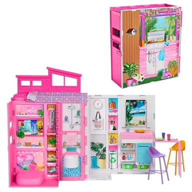 Barbie Apartamento 4 estancias Casa de muñecas Plegable con Muebles y Accesorios, Juguete +3 años (Mattel HRJ76)
