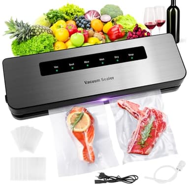 RISVOWO Maquina Envasadora al vacio de acero inoxidable 6 en 1, Embasadoras Vacio Alimentos Profesional, Incluyendo 10 Bolsas y manguera, para Alimentos Húmedos y Secos