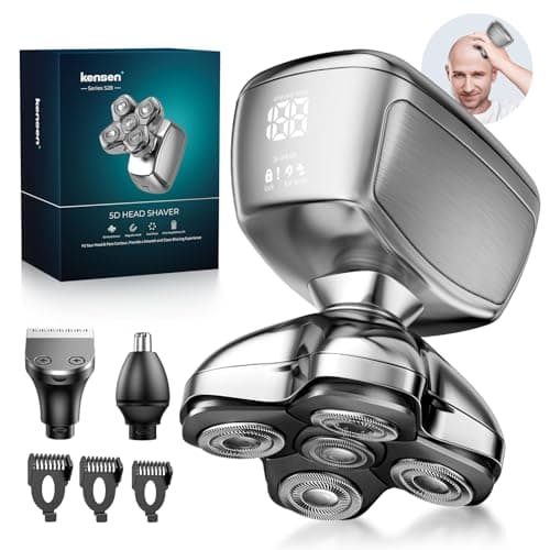 Kensen Afeitadora Cabeza Hombre 3 en 1, IPX6 Impermeable Maquina Afeitar Cabeza para Calvo con Cabezales Magnéticos 5D, Cortapelos y Nariz, Afeitado en Seco y Húmedo, Carga USB-C