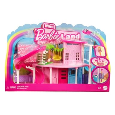 Barbie Mini Barbieland Casa de muñecas de dos pisos para mini figuras con muñeca pequeña rubia y accesorios sorpresa, juguete +4 años (HYF45)