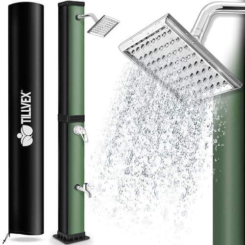 tillvex Ducha Solar con Cubierta Protectora | Ducha Solar de jardín Agua Caliente | Ducha de Piscina sin conexión eléctrica | con Grifo y Cabezal de Ducha de Lluvia (Negro/Verde, 40 litros)