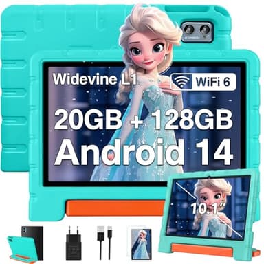 ZIOVO Tablet 10 Pulgadas Android 14, 20GB RAM+128GB ROM Tablet Familiar/Niños, Widevine L1,WiFi 6, 8 Cores, BT 5.0, 5MP+8MP, Kids Space con EVA Caso-Verde