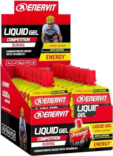 ENERVIT, Gel Líquido para Competir con Cafeína, Sabor Cítrico, Deportes de Resistencia, con 30 Gramos de Carbohidratos, 25 Miligramos de Cafeína, Maltodextrina y Fructosa, Envase de 18 (60 ml)