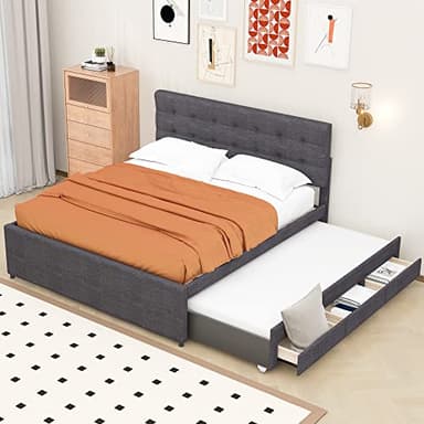 KecDuey Cama de matrimonio de lino acolchada de 140 x 200 cm, cama familiar, extensible con tres cajones, cabecero ajustable (gris)