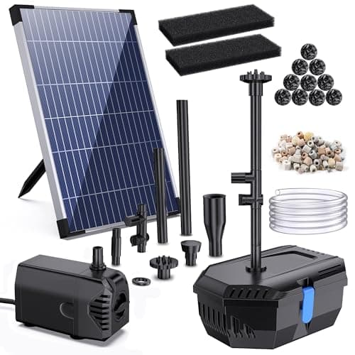 Biling Filtro solar para estanque de 12 W con bomba, 605 l/h, filtro de estanque, bomba solar con manguera, 4 boquillas de 5 m, cable de 5 m, fuente solar para estanques exteriores, tanque de peces