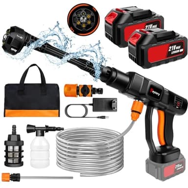 Hidrolimpiadora sin Cable,45 Bar/652 PSI Hidrolimpiadora portátil con batería de 2PCS 3.0Ah,Boquilla Ajustable 6 en 1,Manguera de 16.4FT Limpiadora a presión para Coche/Suelo/jardín Limpieza y riego