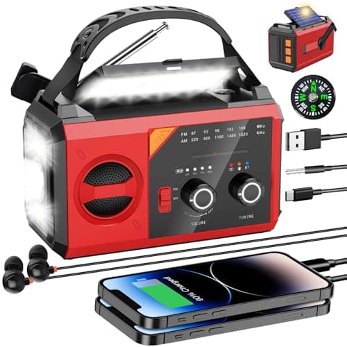 Radio Portátil FM/Am, Radio Emergencia con Manivela, Panel Solar y Batería de 30000mAh, Alarma SOS, Linterna y Lámpara de Lectura, Am/FM, Senderismo, Camping y Actividades al Aire Libre(Rojo)