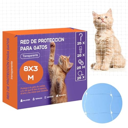 Mablik® Red para Gatos Terraza 8x3m Transparente + Kit de Instalación + Instrucciones. Malla Protectora Balcon y Ventanas de Nylon. Trama 3x3cm. Seguridad y protección para tu Gato (8x3m Transparente)