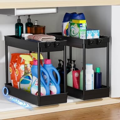 Cicilyna Organizador Cocina, Estante Organizador bajo Fregadero 2 Niveles, Estanterias Almacenaje debajo Fregadero Cocina, para Armario, Mueble, Hogar y Productos Limpieza, Negro - 2 Paquete