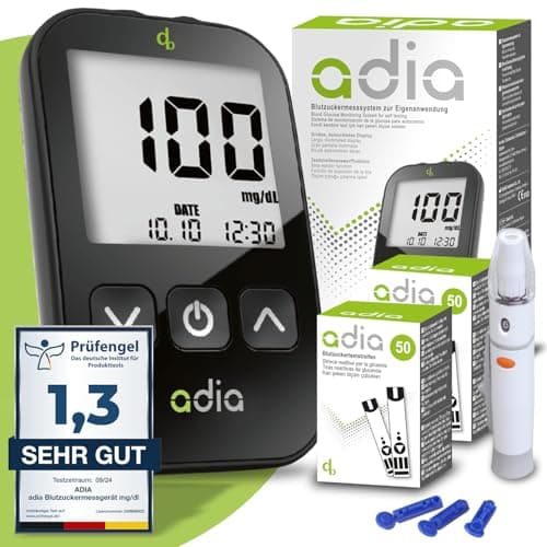 Juego de glucómetro adia (mg/dl) que incluye 110 tiras reactivas de glucosa en sangre, dispositivo de punción, 10 lancetas, diario y bolsa