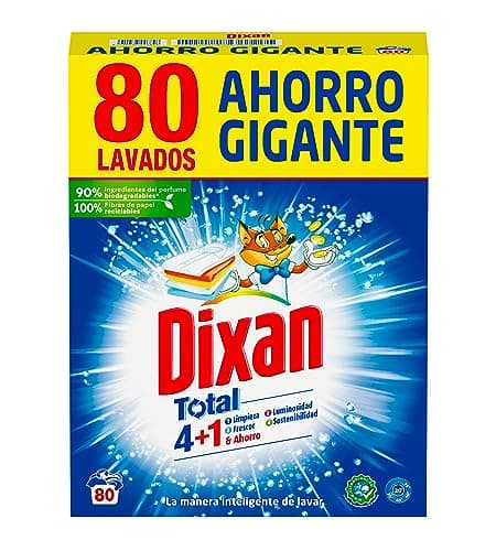 Dixan Polvo Total 3+1, Detergente en Polvo para Lavadora (80 lavados) jabón en polvo para lavar la ropa blanca y de color, Limpieza, luminosidad y frescor