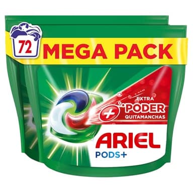Ariel Todo En Uno PODS, Detergente Líquido Para Lavadora 72 Cápsulas + Poder Extra Quitamanchas Lavados, Limpieza Profunda + Eliminación De Manchas Adicional
