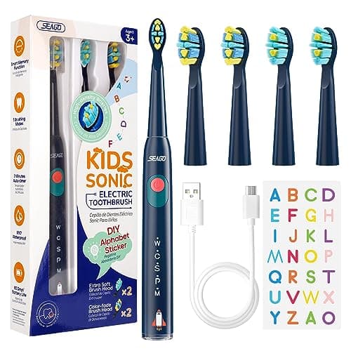Seago cepillo electrico infantil recargable con divertidas pegatinas DIY, cepillo electrico niños temporizador de 2 min, 5 Modos y 4 cabezal de recambio, Azul