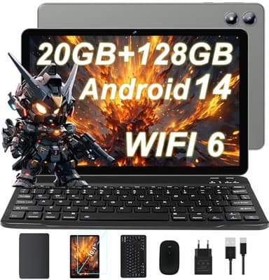 Newest Android 14 Tablet 10 Pulgadas, 20GB RAM + 128GB ROM (1TB TF), 5G+2.4G WiFi 6+ BT 5.0, Widevine L1, Octa-Core, 6000mAh, 1280*800 HD Pantalla, 5MP+8MP, Tablet con Teclado y Ratón - Gris Brillante