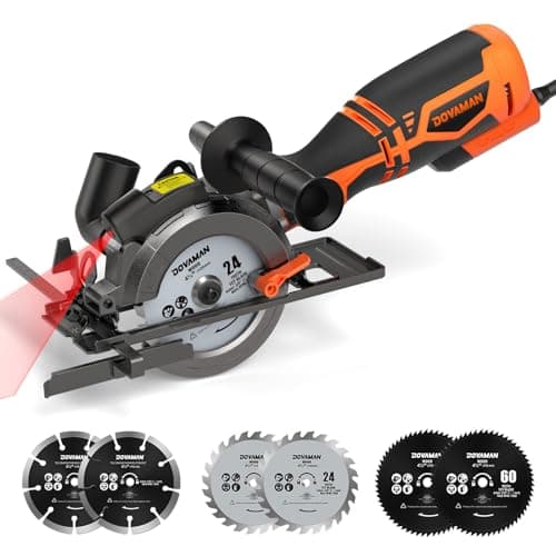 DOVAMAN Mini Sierra Circular con Láser, 710W, 3500rpm, Mango Auxiliar, 45° Corte en Bisel, Profundidad de Corte 29 a 43mm, 6 Hojas, para Madera, Metal Blando, Plástico, Azulejos-MCS01A