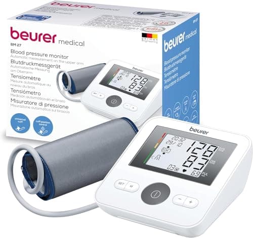Beurer BM 27 Tensiómetro de brazo digital con control de ajuste del manguito, brazalete de 22-42 cm, indicador de riesgo, detección de arritmias, mensaje en caso de errores de aplicación