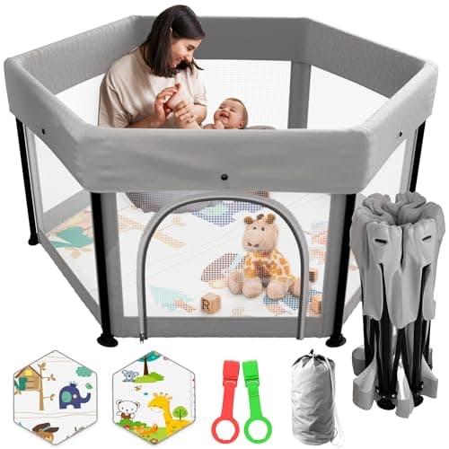 JUPPLIES Parque Infantil Bebe Plegable 126x126cm + Alfombra Bebe + 2 Agarraderas – Corralito Bebe con Malla Transpirable sin Montaje – Parque de Juegos Bebe – Cuna Bebe Playpen Bebe