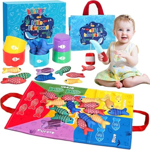 BBLTIFF Juguetes Niños 1 Año, 22 Piezas Juguetes Bebes 6-12 Meses, Juego Pescar Peces con 15 Peces Tela, 5 Taza Apilables, Bolsa, Caña de Pescar, Montessori 1 2 Año, Regalo Bebe 1 Año