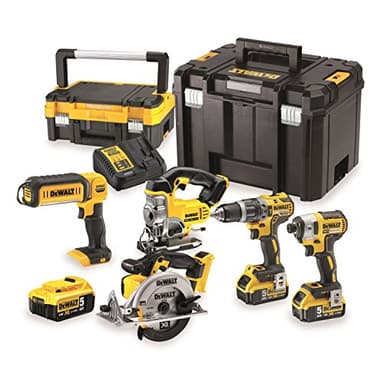 DEWALT DCK551P3T-QW - Kit de Herramientas, Taladro percutor, Atornillador de impacto, Sierra circular, Sierra calar, Linterna, 3 baterías XR 18V Litio 5Ah, cargador y maletines TSTAK I y VI.