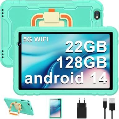 JUEDUR Tablet Bambini 10 pollici, Tablet Android14 con 5G WiFi,22GB RAM+128GB ROMControllo Parentale |8000 mAh|Octa-Core |5MP+8MP|Custodia protettivaEVA antiurto + Staffa girevole a 360°-Verde