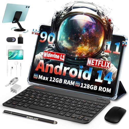 TECLAST Tablet 11 Pulgadas P50Case 90Hz Tableta Android 14, 2.0GHz Octa-Core, 12GB RAM 128GB ROM/TF 4TB/7000mAh/Widevine L1/BT5/GPS/OTG, Tablet con Teclado+Lápiz+Funda+Auriculares, 10 Accesorios-2025