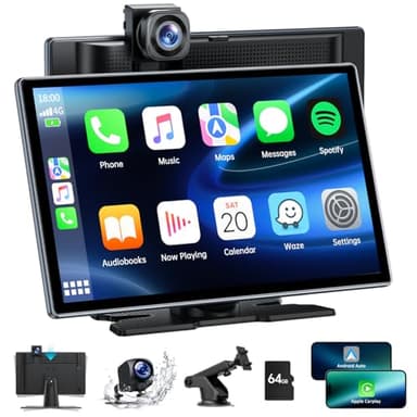 Portátil A-pple Carplay Inalámbrico Android Auto con Dash CAM Frontal y Trasera 4K+1080P, Pantalla Coche 9 Pulgadas con Pantalla Tactil, Radio Receptor con Mirror Link/Bluetooth/SIRI/Go0gle/FM/64G TF