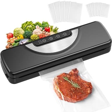Envasadora al Vacío 5 en 1 con Cortador de Película, Doméstico y Comercial Maquina al Vacio de Alimentos Secos y Húmedos, Incluye 10 Bolsas y Tubo de Vacío, Negra