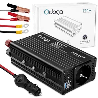 Odoga Inversor 12v 220v – Transformador 500W, Convertidor con Puertos USB-A y USB-C de 3A – Adaptador Mechero Coche a Enchufe – Cargue Sus Dispositivos en Autocaravanas, Camper Furgoneta y Coche