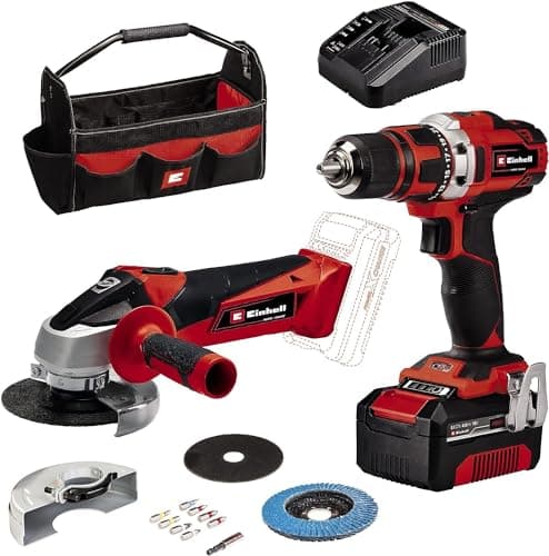 Einhell Taladro con batería TE-CD 18/40 Li + amoladora angular con batería TC-AG 18/115 Li PXC (iones de Li, 18V, incl. batería 4Ah y cargador, accesorios de amoladora angular, caja de puntas, bolsa)