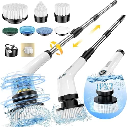 FYDEE Cepillo Electrico Limpieza Hogar, Cepillo Limpieza Ducha con 7 Cabezales Reemplazables y Impermeable IPX7, Fregadora Giratoria Eléctrica, Cepillo para Limpieza del Hogar, Baño, Suelos, Azulejos