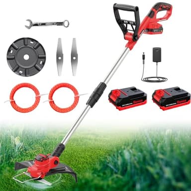 Bamse Desbrozadora Electrica, Desbrozadora a Batería Brushless, Recortadora de Cortabordes Bateria 21V con 2 Baterías 2.0Ah, 2 Cuchillas, 2 Bobina de Hilo de 5 m, Mango Ajustable, Tubo Telescópico