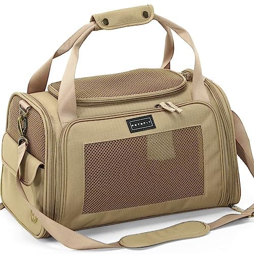 Petsfit Trasportines Perro Pequeño, Transportin Perro Avion Plegable con Correa para el Hombro Ajustable, Bolsa de Viaje Perro, con Colchonetas, S/Caqui