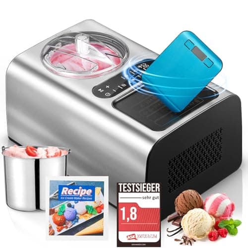 FOHERE Heladera con Compresor, Máquina Para Hacer Helados con Pantalla LCD, 2L Cubo de Acero Inoxidable Extraíble, Gelato Sorbete Máquina de Yogur Congelado, Incluye Pesaje Electrónico