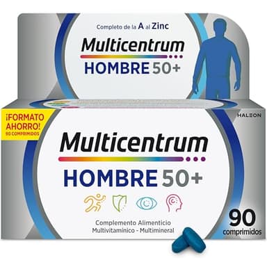 Multicentrum Hombre 50+ Complemento Alimenticio Multivitamínico y Multimineral Para Hombres 50+, Con Magnesio y Vitamina C, Sin Gluten, 90 Comprimidos
