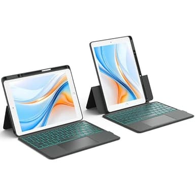 CHESONA Teclado iPad 9 Generacion, Backstand Rugged Teclado iPad 10.2 9/8/7 Gen. con Touchpad, Soporte Ajustable 15°-180°, 7 Colores Retroiluminados, Magnética Extraíble Funda, Gris