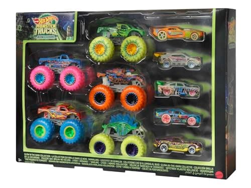 Hot Wheels Multipack Glow in The Dark™ Monster Trucks 10 vehículos de Juguete: 5 Monster Trucks y 5 Coches a Escala 1:64, Regalo Coleccionable para niños de Entre 4 y 8 años, HCB57