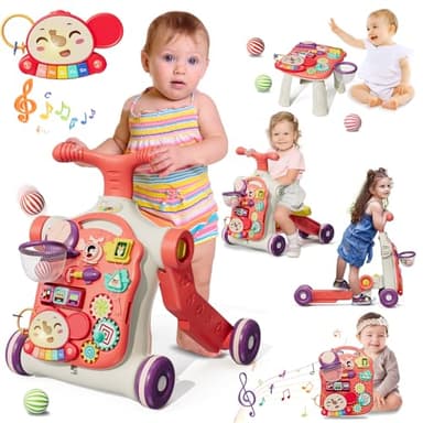 HYES 5 en 1 Correpasillos Bebé Andador, Centro de Actividades para Learn to walk, sit, and stand, Tablero de Juego Extraíble con música, Regalo para Niños Pequeños, Rojo