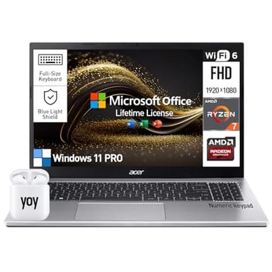 Acer Aspire 3 15.6 Laptop Computer, 15 pulgadas FHD estudiantes universitarios y computadora portátil de negocios, AMD Ryzen 7, 64GB RAM 1TB SSD, Windows 11 Pro, Lifetime Office, teclado numérico,