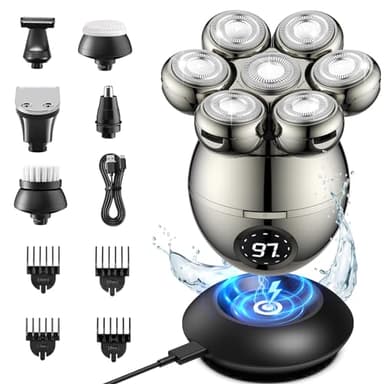 ETENTOUS Afeitadora Cabeza Hombre, Maquina Afeitar Cabeza 6 en 1, con 7 Cabezas Rotativa y Pantalla LED, Impermeable IPX6 Rapadora Cabeza Hombre, Afeitadora de Cabeza Hombre en seco y húmedo al agua